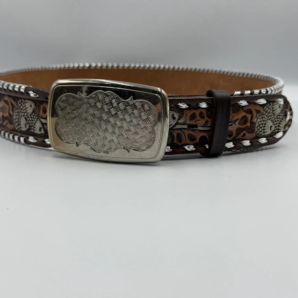 Hand Painted Western Cowboy Brown Leather Belt‎ Silver Buckle/Detail Size 38